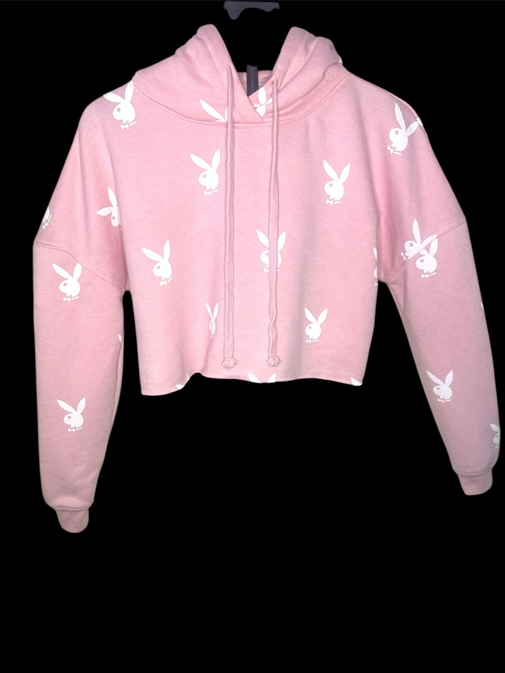 PLAYBOY Pink Cropped Hoodie with White Bunny Logos